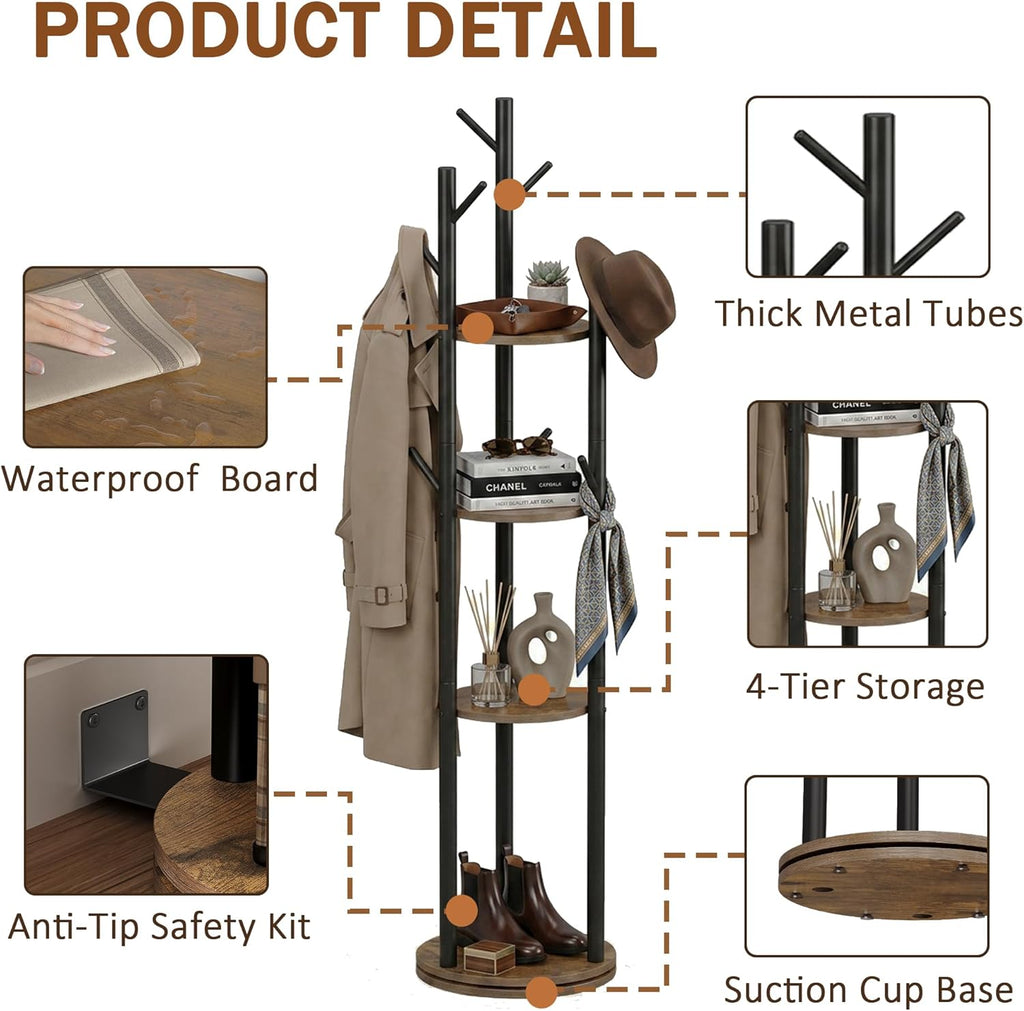 Espelism Rotary Coat Rack Stand, Freestanding Metal Hall Tree with 9 Hooks | 4-tier coat stand with wood storage shelves. Ideal for entryway, bedroom, corner or office clothing organization.Brown