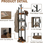 Espelism Rotary Coat Rack Stand, Freestanding Metal Hall Tree with 9 Hooks | 4-tier coat stand with wood storage shelves. Ideal for entryway, bedroom, corner or office clothing organization.Brown