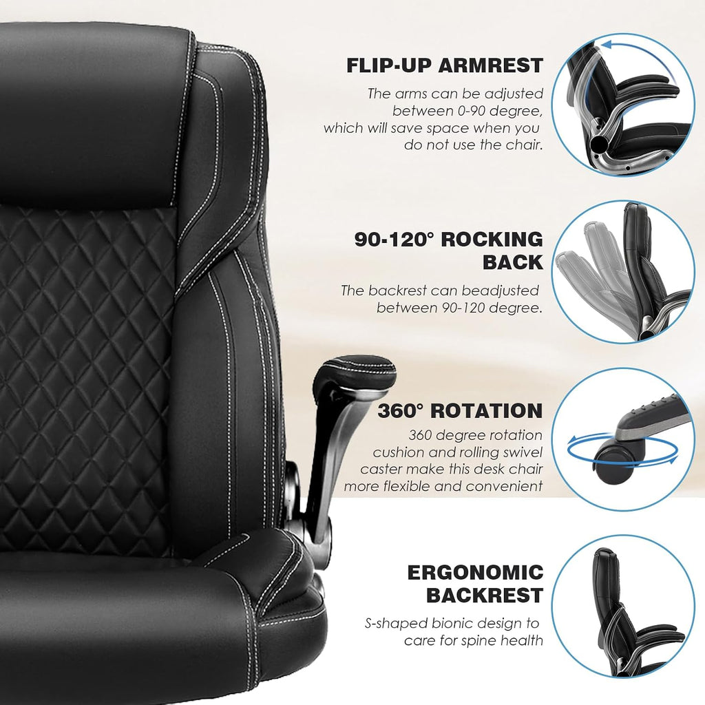 Executive Office Chair with with Flip up Arms, Big and Tall Ergonomic High Back Office Chairs, 90-120° Rocking Lumbar Support Home Computer Desk Chair Wheels(Black)