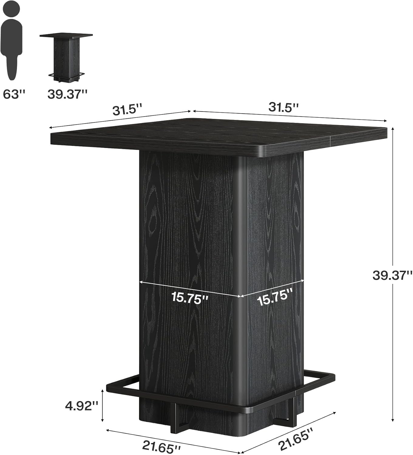 Tribesigns Bar Table, 39.37" High Square Pub Table for Small Bars, Dining Room, Kitchen, Black (Only Table) (Black)