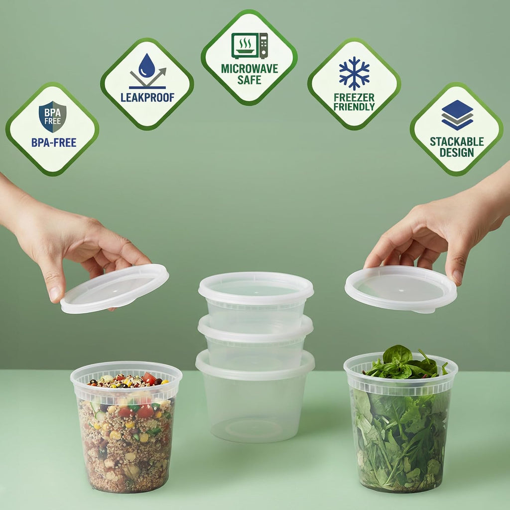 JoyServe 120 Sets Deli Containers with Lids – 8oz, 16oz & 32oz – Leak Proof, Microwaveable, Dishwasher & Freezer Safe – Plastic Food Storage & Soup Containers