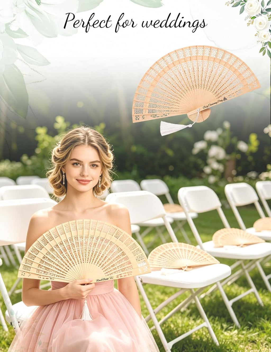 Personalized Fans for Wedding - Handheld Foldable Wooden Fans with Tassels and Organza Bags Custom Wedding Favors for Guests, Eco-Friendly Bulk Bridal Party Gifts (50)