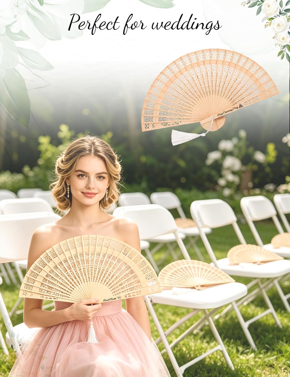 Personalized Fans for Wedding - Handheld Foldable Wooden Fans with Tassels and Organza Bags Custom Wedding Favors for Guests, Eco-Friendly Bulk Bridal Party Gifts (50)