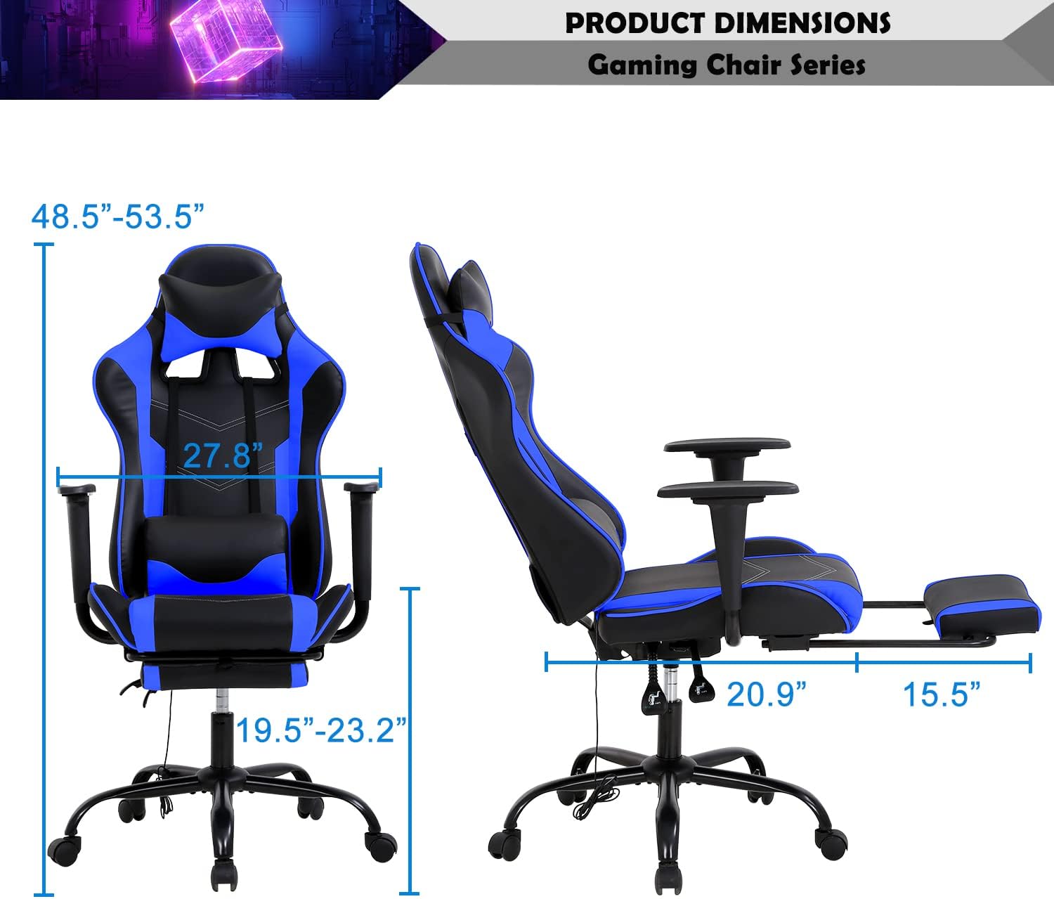 Gaming Chair, Height Adjustable Swivel Rolling Chair with Headrest Footrest and Massage Lumbar Support, PU High Back Ergonomic PC Chair for Office or Gaming, Office Gaming Chair