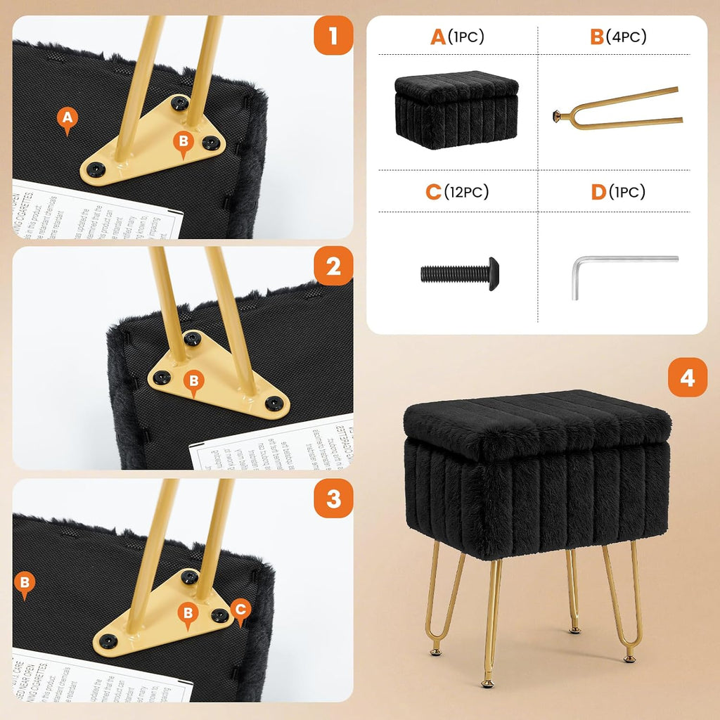 DUMOS Vanity Stool Chair with Storage, Small Ottoman Faux Fur Soft Padded Footstools Seat with 4 Metal Legs Anti-Slip Adjustable Feet Modern Footrest for Home Entryway Bedroom Makeup Black
