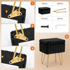 DUMOS Vanity Stool Chair with Storage, Small Ottoman Faux Fur Soft Padded Footstools Seat with 4 Metal Legs Anti-Slip Adjustable Feet Modern Footrest for Home Entryway Bedroom Makeup Black