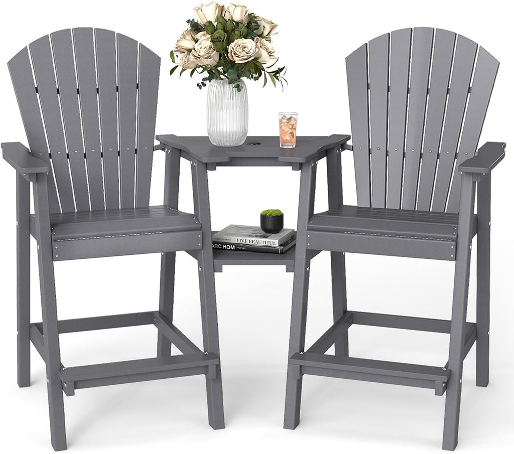 FOOWIN Tall Adirondack Chair Set of 2, All Weather HDPE Bar Height Adirondack Chair with Double Connecting Trays, Adirondack Barstools for Balcony, Deck, Backyard, Patio, Garden Grey