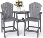 FOOWIN Tall Adirondack Chair Set of 2, All Weather HDPE Bar Height Adirondack Chair with Double Connecting Trays, Adirondack Barstools for Balcony, Deck, Backyard, Patio, Garden Grey