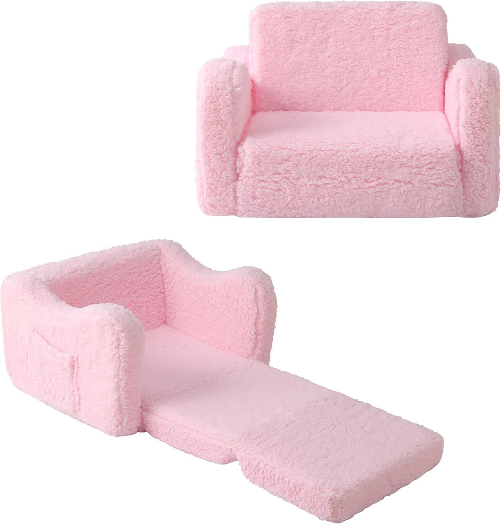 Toddler Couch 2-in-1 Flip Open Convertible Sherpa Kids Sofa Chair, Pink | LUXURY SHERPA COUCH | KIDS SOFA CHAIR | REMOVABLE MACHINE WASHABLE COVER
