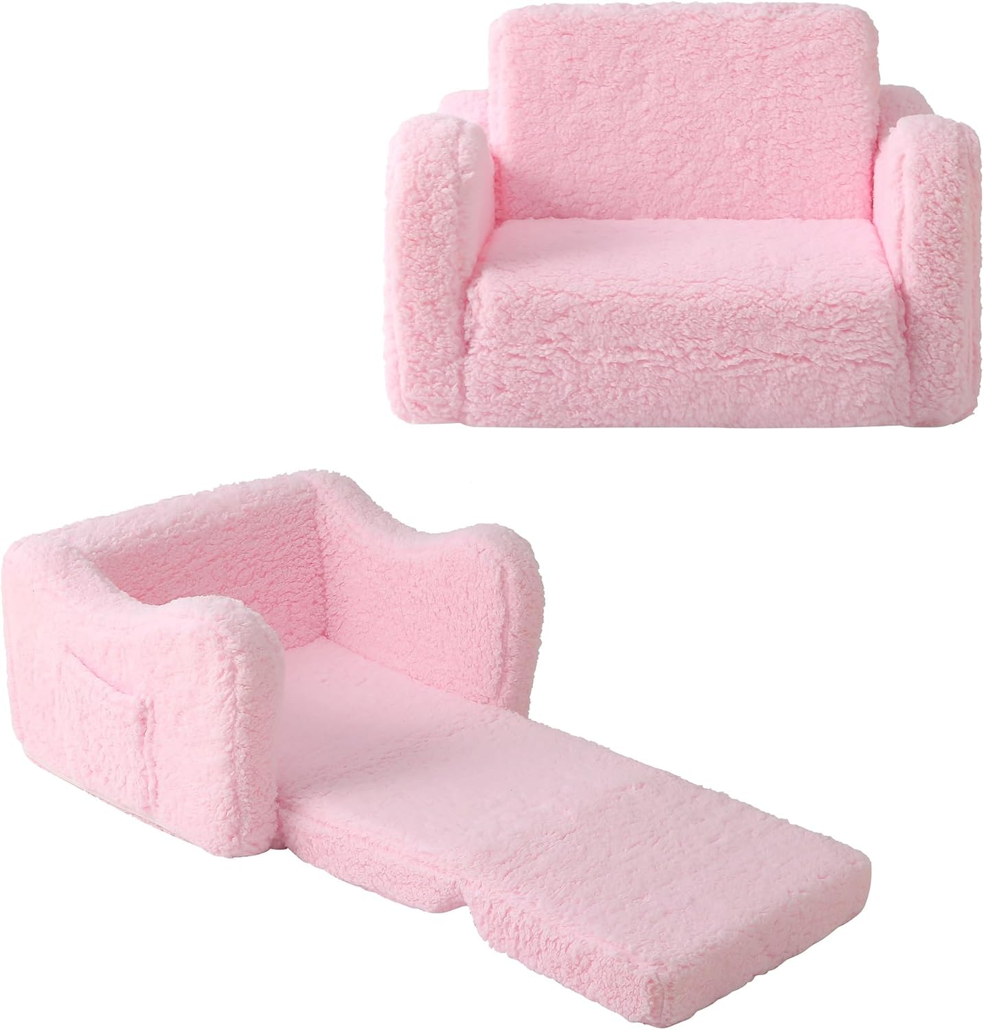 Toddler Couch 2-in-1 Flip Open Convertible Sherpa Kids Sofa Chair, Pink | LUXURY SHERPA COUCH | KIDS SOFA CHAIR | REMOVABLE MACHINE WASHABLE COVER