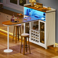 DWVO Home Bar Unit with LED Lights ＆ Wine Cabinet, Farmhouse Bar Cabinet with Wine Storage, Mini Bar Table Coffee Cabinet with Glasses Holder Hanger Footrest for Home Kitchen Pub, White&Walnut