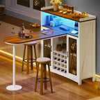DWVO Home Bar Unit with LED Lights ＆ Wine Cabinet, Farmhouse Bar Cabinet with Wine Storage, Mini Bar Table Coffee Cabinet with Glasses Holder Hanger Footrest for Home Kitchen Pub, White&Walnut