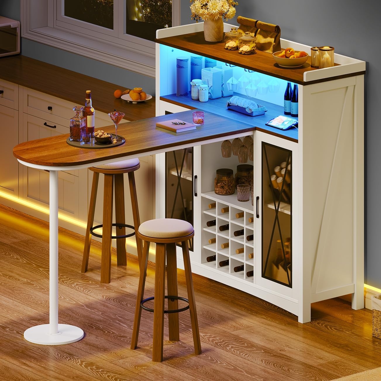 DWVO Home Bar Unit with LED Lights ＆ Wine Cabinet, Farmhouse Bar Cabinet with Wine Storage, Mini Bar Table Coffee Cabinet with Glasses Holder Hanger Footrest for Home Kitchen Pub, White&Walnut