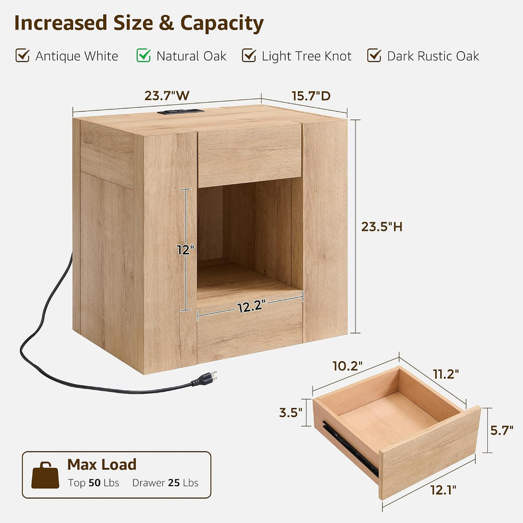 T4TREAM 24'' Modern Nightstand with Charging Station, Wood End Table w/Hidden Drawers & Open Storage Cabinet, Rustic Square Bedside Table for Bedroom,Living Room,Natural Oak