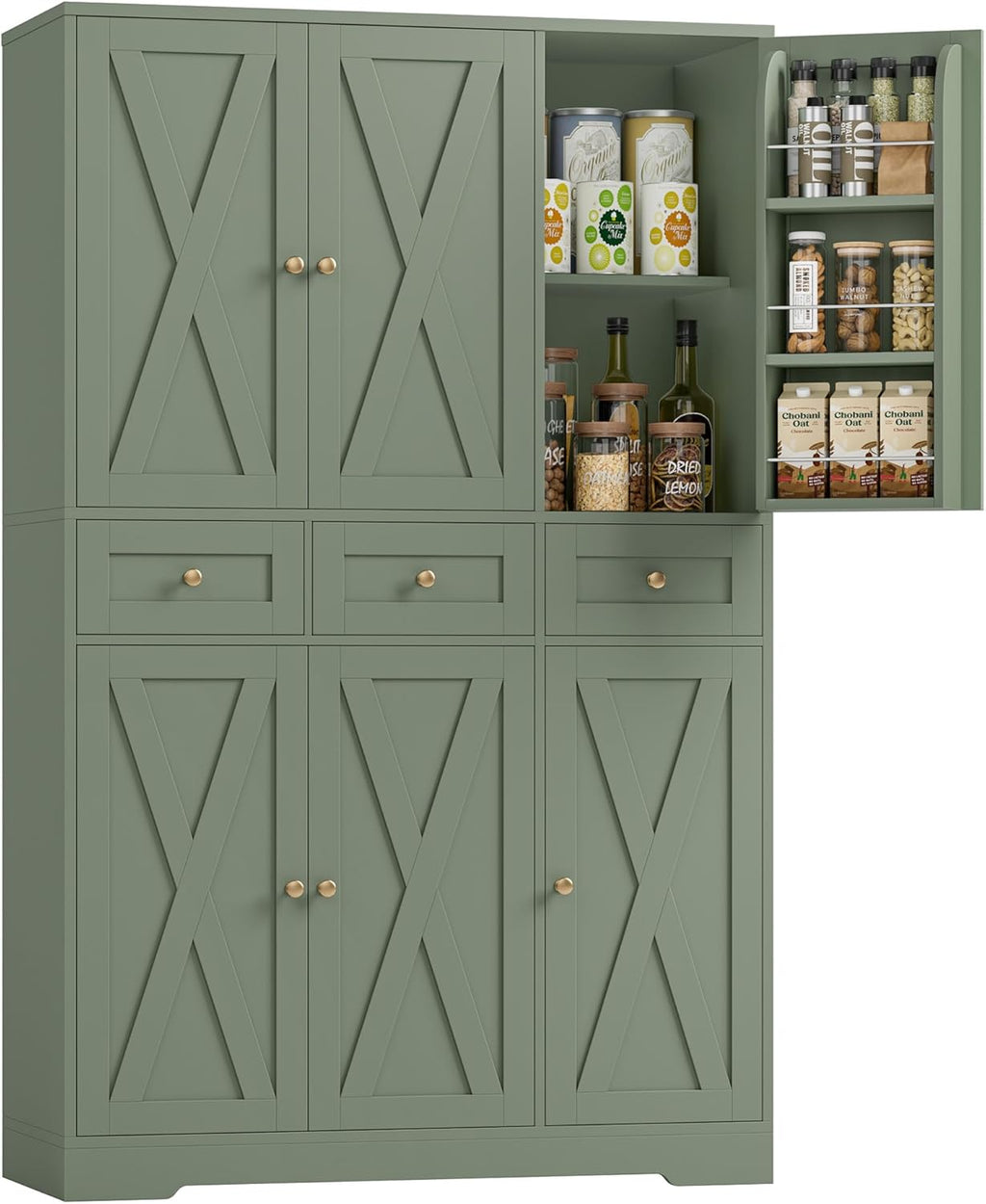 HOSTACK Modern Farmhouse Kitchen Pantry Storage Cabinet, 67" H Kitchen Pantry Cabinet with Barn Doors and Shelves, Freestanding Food Storage Cabinets with Drawers for Dining Room, Living Room, Green