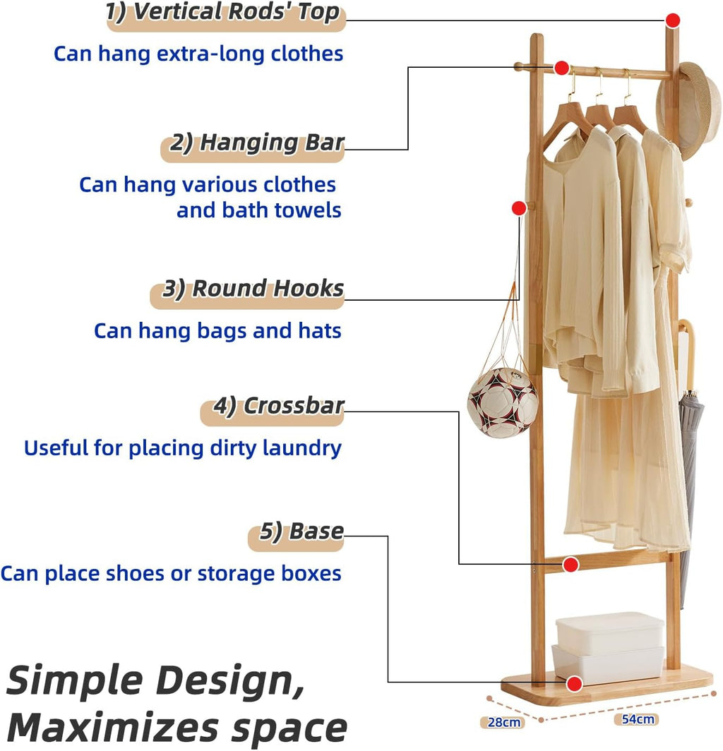 Aibiju Coat Rack Freestanding, Coat Tree with 2 Main Rods and Stable Design, Clothes Racks for Hanging Coats Clothes Suits Jacket, Easy to Assemble and Very Sturdy, Natural Wood Color USYD-202