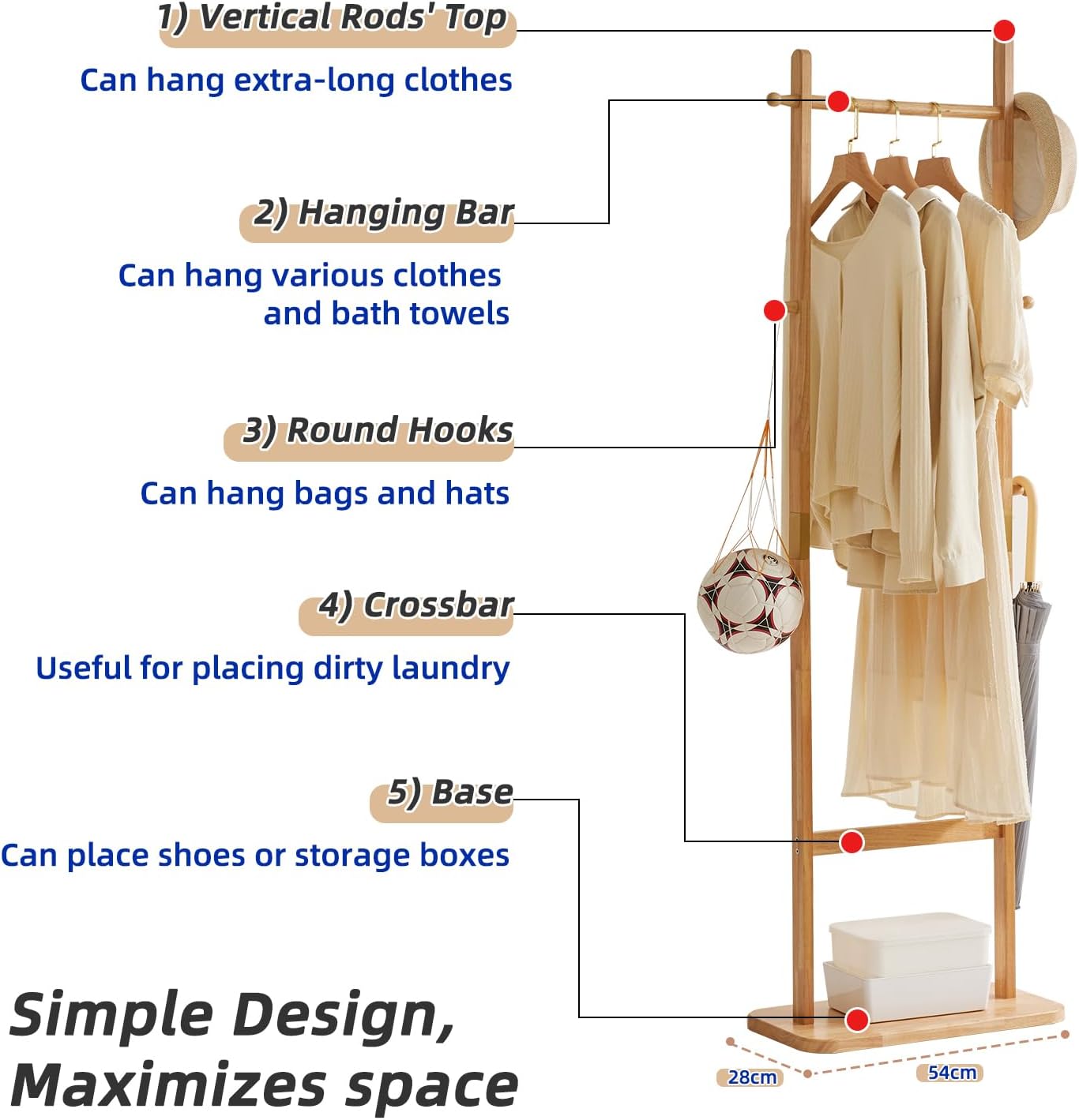 Aibiju Coat Rack Freestanding, Coat Tree with 2 Main Rods and Stable Design, Clothes Racks for Hanging Coats Clothes Suits Jacket, Easy to Assemble and Very Sturdy, Natural Wood Color USYD-202