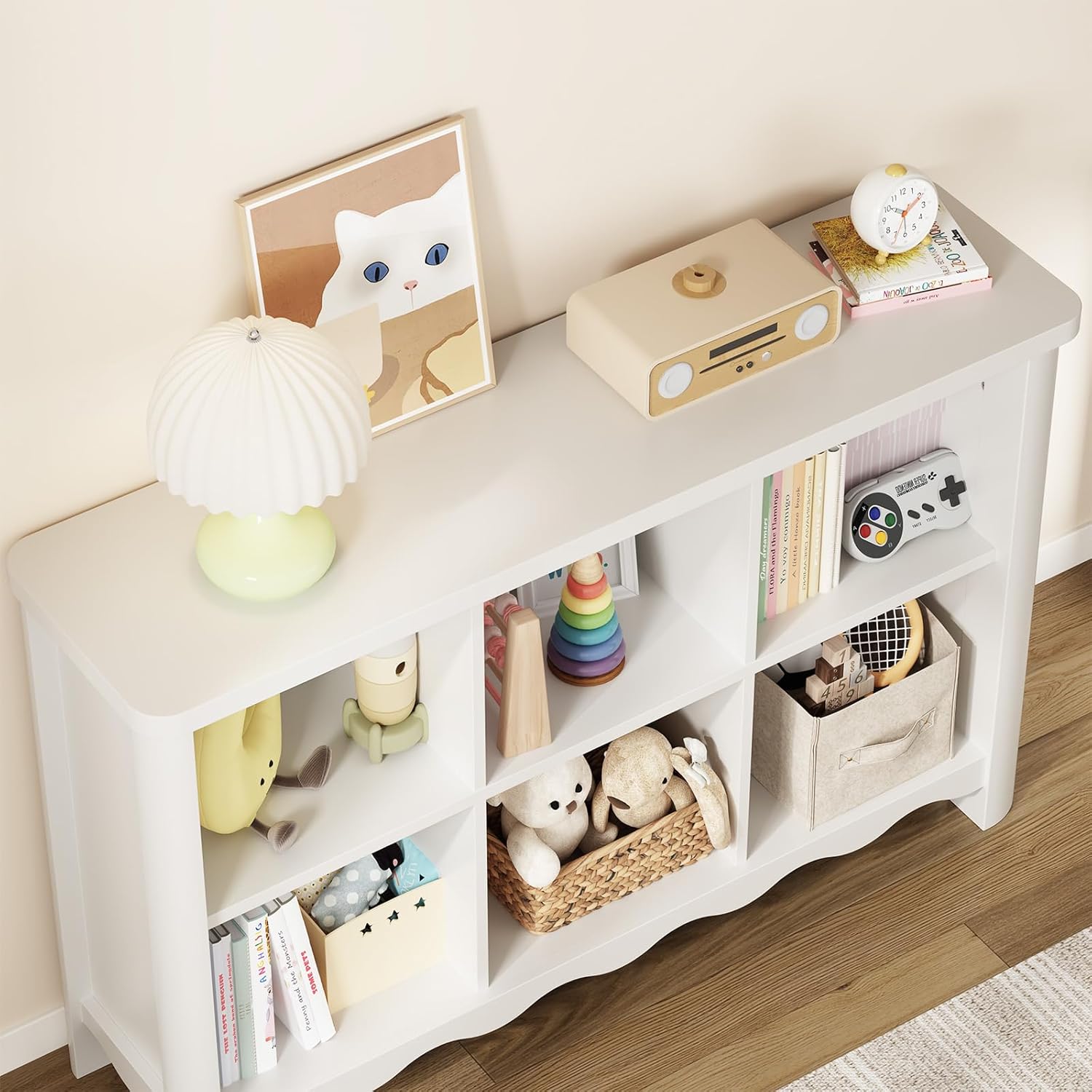 6 Cube Storage Organizer, 28 Inch Kids Low Storage Cabinet, Toddler Toy Storage Bookcase and Bookshelf for Kids Rooms, Playroom, Nursery, Living Room, Rounded Corners & Anti-Tip