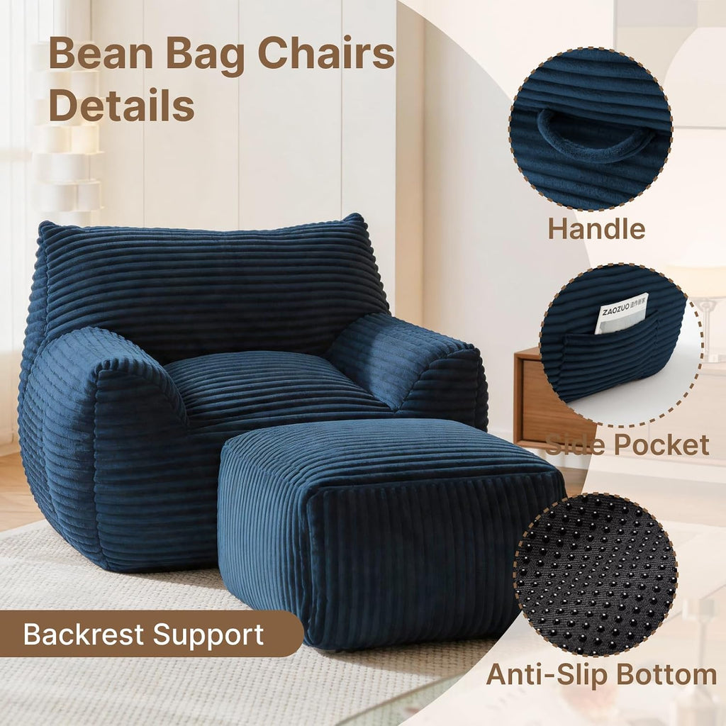 Oversized Bean Bag Chair with Ottoman, Bean Bag Couch with 2 Side Pockets, Corduroy Boneless Couch Chair in a Box, Comfy Lounge Chair for Living Room, Bedroom, Dorm, Blue