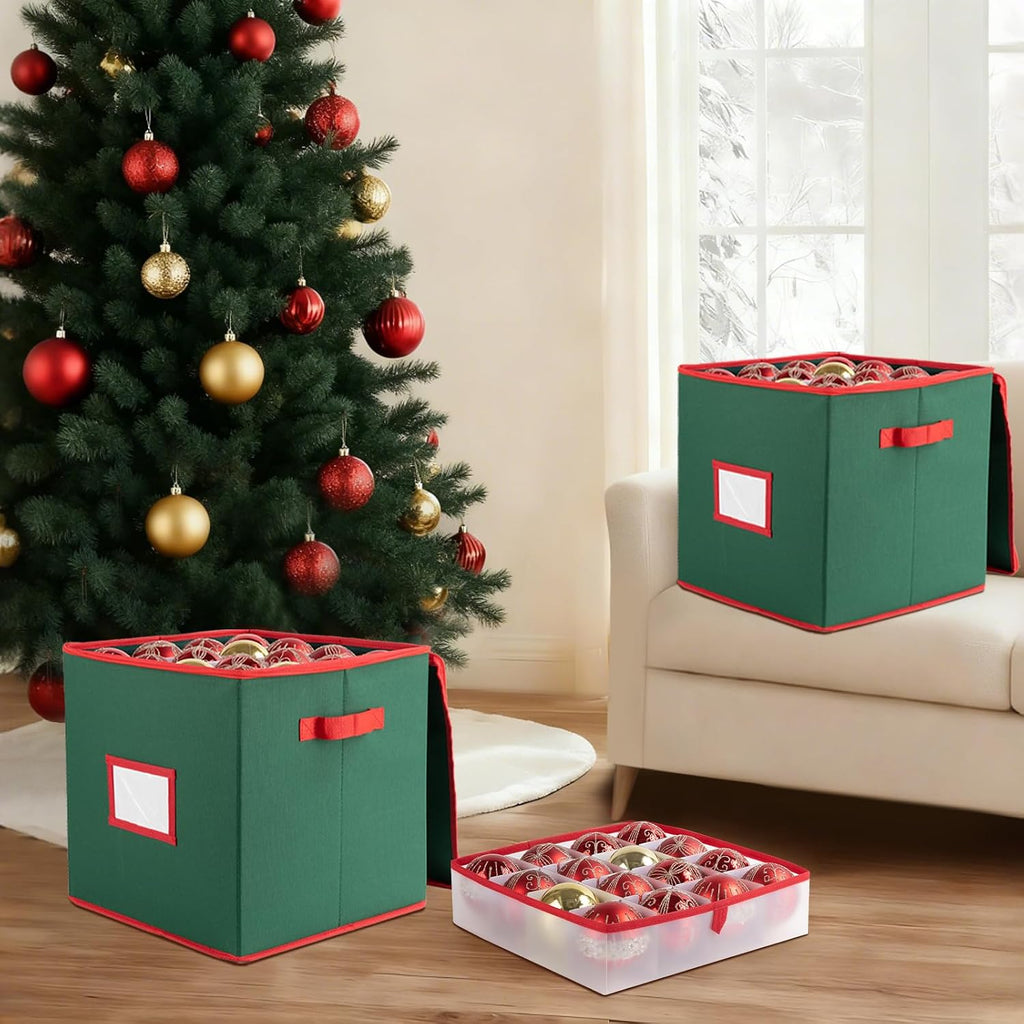OIAHOMY 2 Pack Ornament Storage Box with Handle, Each Ornament Storage Holds 64 Balls, Christmas Decoration Box Include Plastic Trays and Zip-Lock Lid, Made of 600D Oxford Fabric - Green
