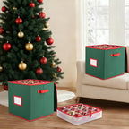 OIAHOMY 2 Pack Ornament Storage Box with Handle, Each Ornament Storage Holds 64 Balls, Christmas Decoration Box Include Plastic Trays and Zip-Lock Lid, Made of 600D Oxford Fabric - Green