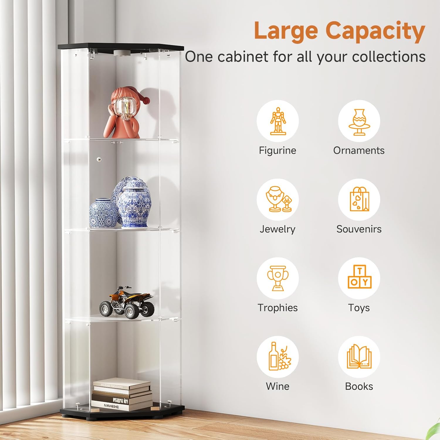 Zevemomo Corner Glass Display Cabinet with LED Lights, 4-Tier Glass Curio Case with Door & Lock for Collectibles, Liquor, Figure, Trophy, Floor Standing Glass Display Cases, Black Storage Cabinets