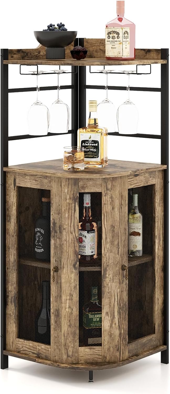 LOKO Corner Wine Bar Cabinet, Industrial Wine Cabinet with Metal Mesh Doors & Adjustable Shelf, Liquor Cabinet with Anti-toppling Device, Rustic Brown, 19 x 19 x 51 Inches (Taupe)