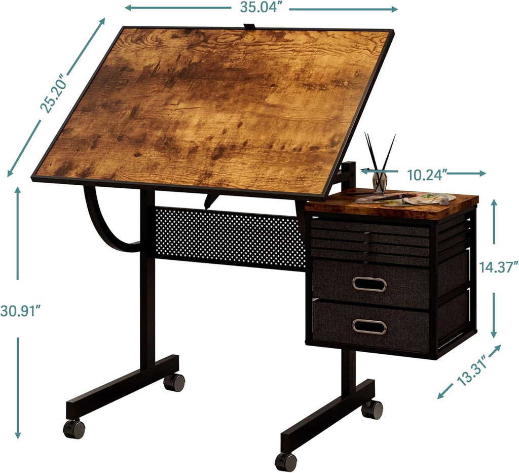 Adjustable Drafting Table with 4 Trays & 2 Storage Drawers, Multifunctional Tilting Drawing Art Desk, Vintage Drawing Table Art Craft Workstation for Studio Home Office Painting Writing (Style-A)