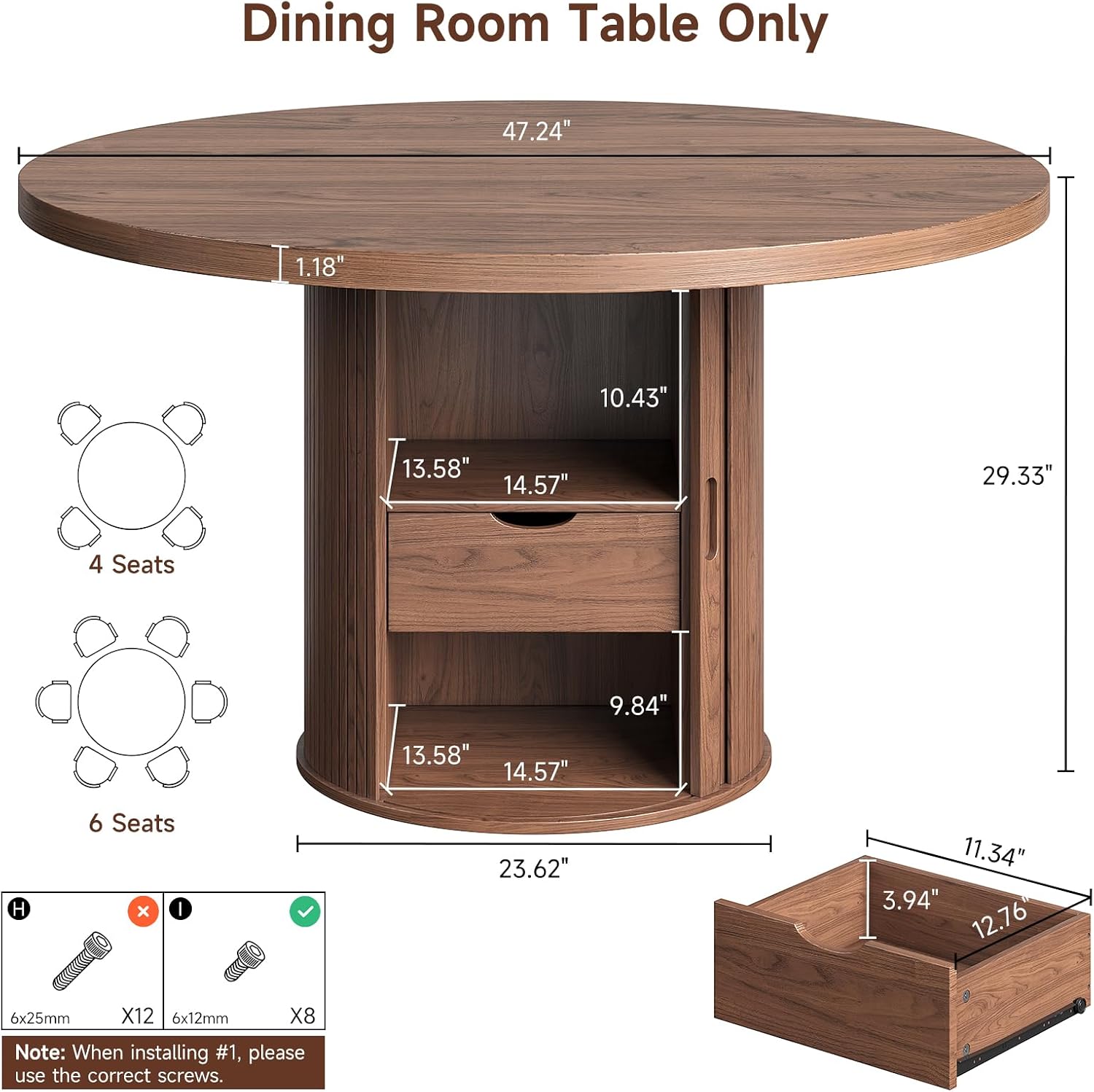 Round Dining Table for 4-6 Seats, 47" Circle Kitchen Table with Storage Drawer, Modern Mid-Century Pedestal Dinner Tables, Fluted Wood Base, Space Saving Dining Room Furniture for Family Party, Walnut