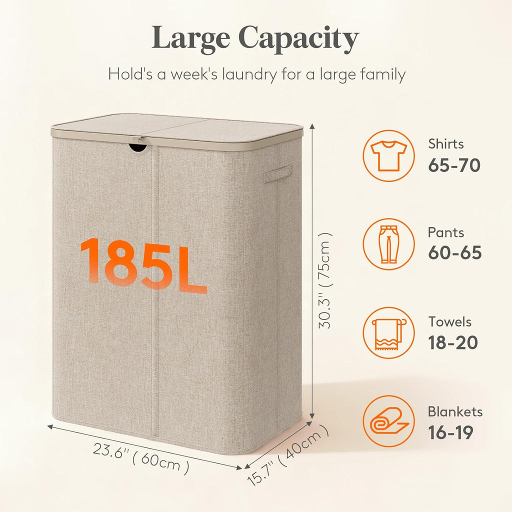 Lifewit 185L Large 3 Section Laundry Hamper with Lid, Plastic Laundry Basket with Bamboo Handles and Removable Bags, Tall Foldable Clothes Hamper for Bathroom Bedroom, Beige