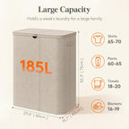 Lifewit 185L Large 3 Section Laundry Hamper with Lid, Plastic Laundry Basket with Bamboo Handles and Removable Bags, Tall Foldable Clothes Hamper for Bathroom Bedroom, Beige