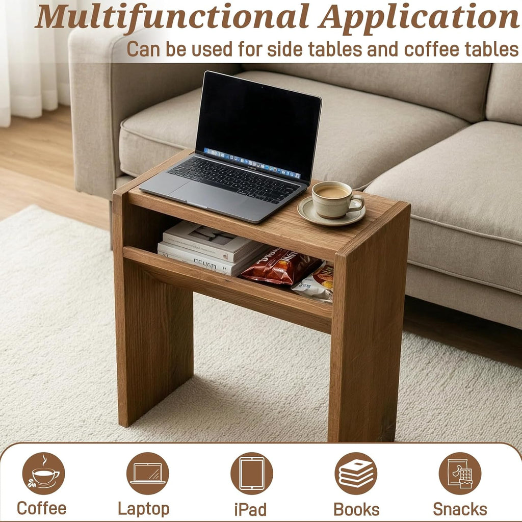Solid Wood C Shaped End Table for Couch, No Assembly Required Sofa Side Table with Storage Shelf, Small Snack Table Slide Under Couch, Narrow Nightstand for Living Room, Bedroom & Small Spaces