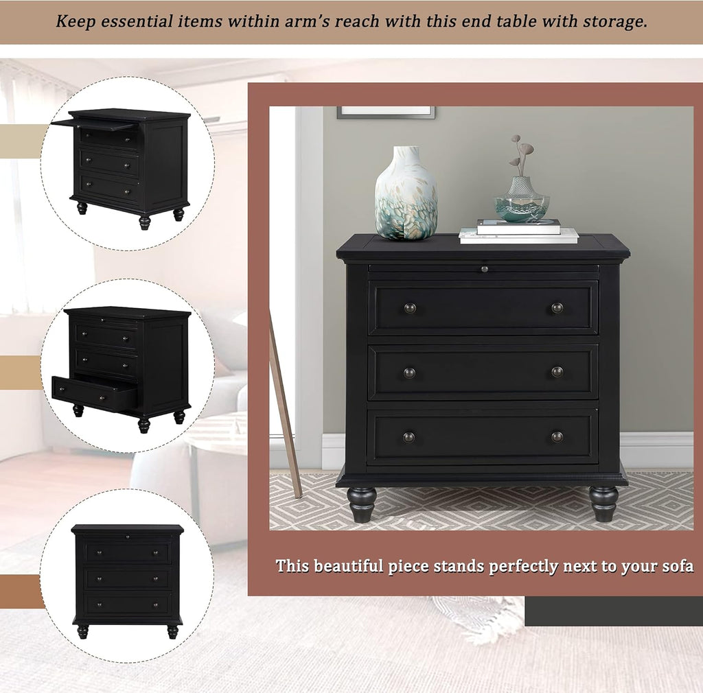 28'' Painted Nightstand with Pull Out Tray, Bedside Cabinet with 3 Drawers, Sofa Side Table with Rubber Legs and Metal Handle for Bedroom Sofa Couch Office