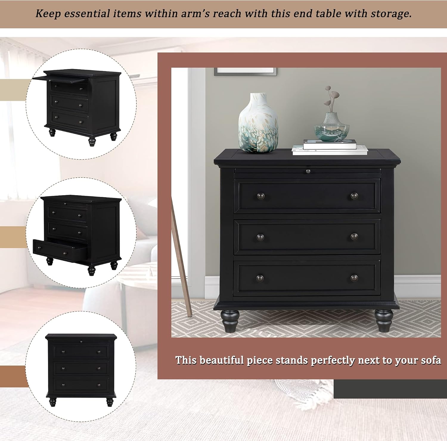 28'' Painted Nightstand with Pull Out Tray, Bedside Cabinet with 3 Drawers, Sofa Side Table with Rubber Legs and Metal Handle for Bedroom Sofa Couch Office