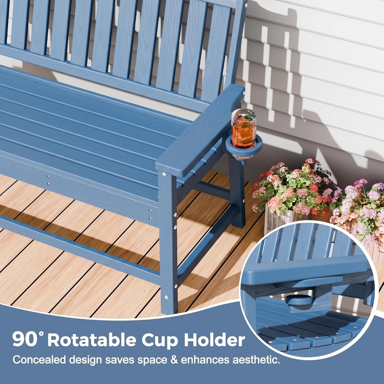 Outdoor Bench with Cup Holder Weatherproof HDPE Fade Resistant Garden Bench 660 lbs Bearing 2-Seat Front Porch Furniture for Patio, Backyard (Blue)