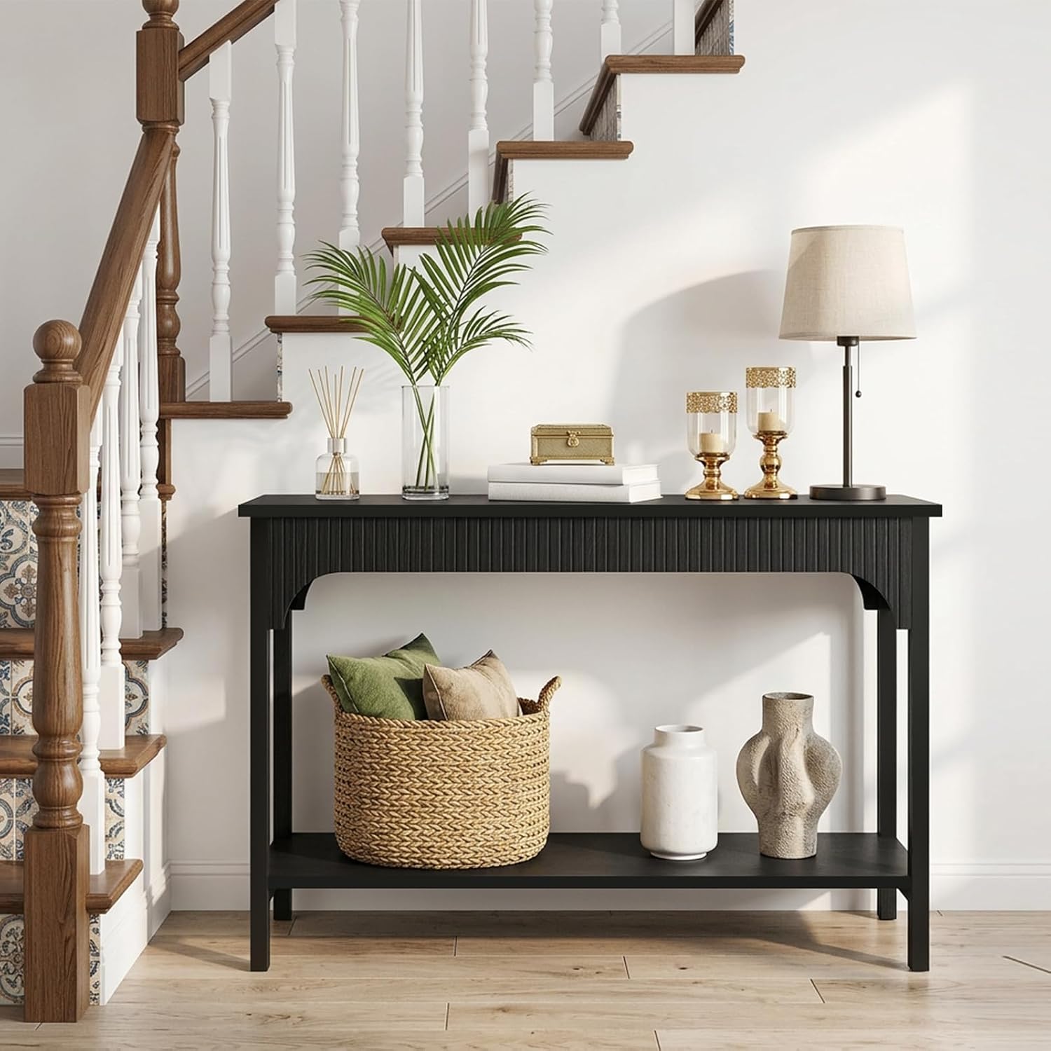 MAHANCRIS Fluted Console Table for Entryway, 43.2" Narrow Console Table with Storage, 2 Tier Industrial Sofa Table for Entryway, for Living Room, Behind Couch, Narrow Hallway, Entry, Black CTBK38001
