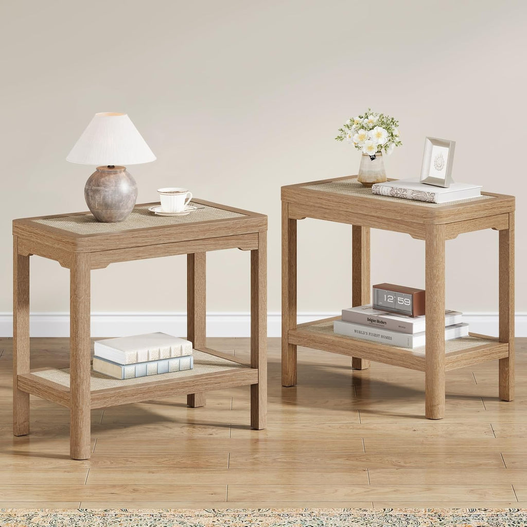 Eclatara Rattan Night Stand - Farmhouse 2 Tier End Table for Bedroom - Accent Side Table wtih Open Storage Shelves for Small Space Narrow Coffee Table Bamboo (2, Natural Oak)