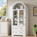 71" Tall Arched Kitchen Pantry Cabinet, Farmhouse Modern Wood Arched Cabinets with Glass Doors & 2 Large Drawers, Perfect for Kitchen, Dining Room, Living Room, Bathroom White