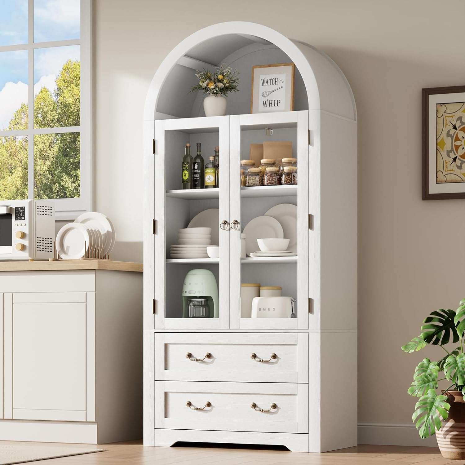 71" Tall Arched Kitchen Pantry Cabinet, Farmhouse Modern Wood Arched Cabinets with Glass Doors & 2 Large Drawers, Perfect for Kitchen, Dining Room, Living Room, Bathroom White