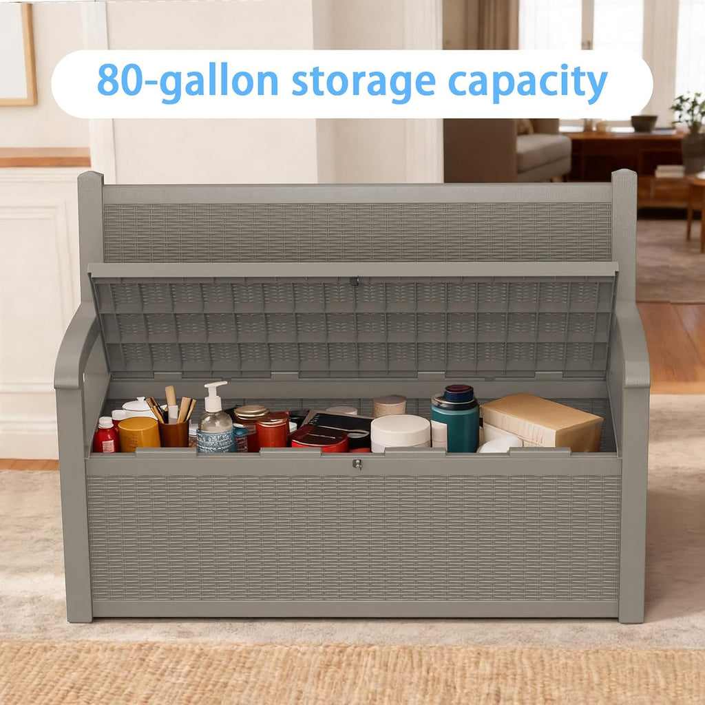 80 Gallon Resin Outdoor Storage Bench, Weatherproof Deck Box with Rattan Texture, 2-3 Person Garden Bench Seating for Patio Furniture, Pool Toys, Cushions, Lockable & 500lbs Capacity, Gray