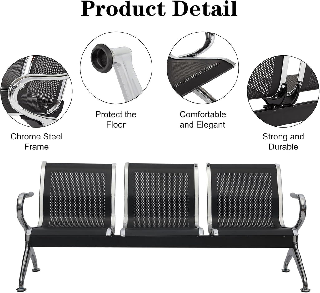 Kinfant Waiting Room Bench Set - Metal Office Guest Reception Seat Black Mesh Waiting Room Chairs with Armrest for Airport, Hospital, Bank, Salon, Barbershop, Hall(3-Seat, Set of 4)