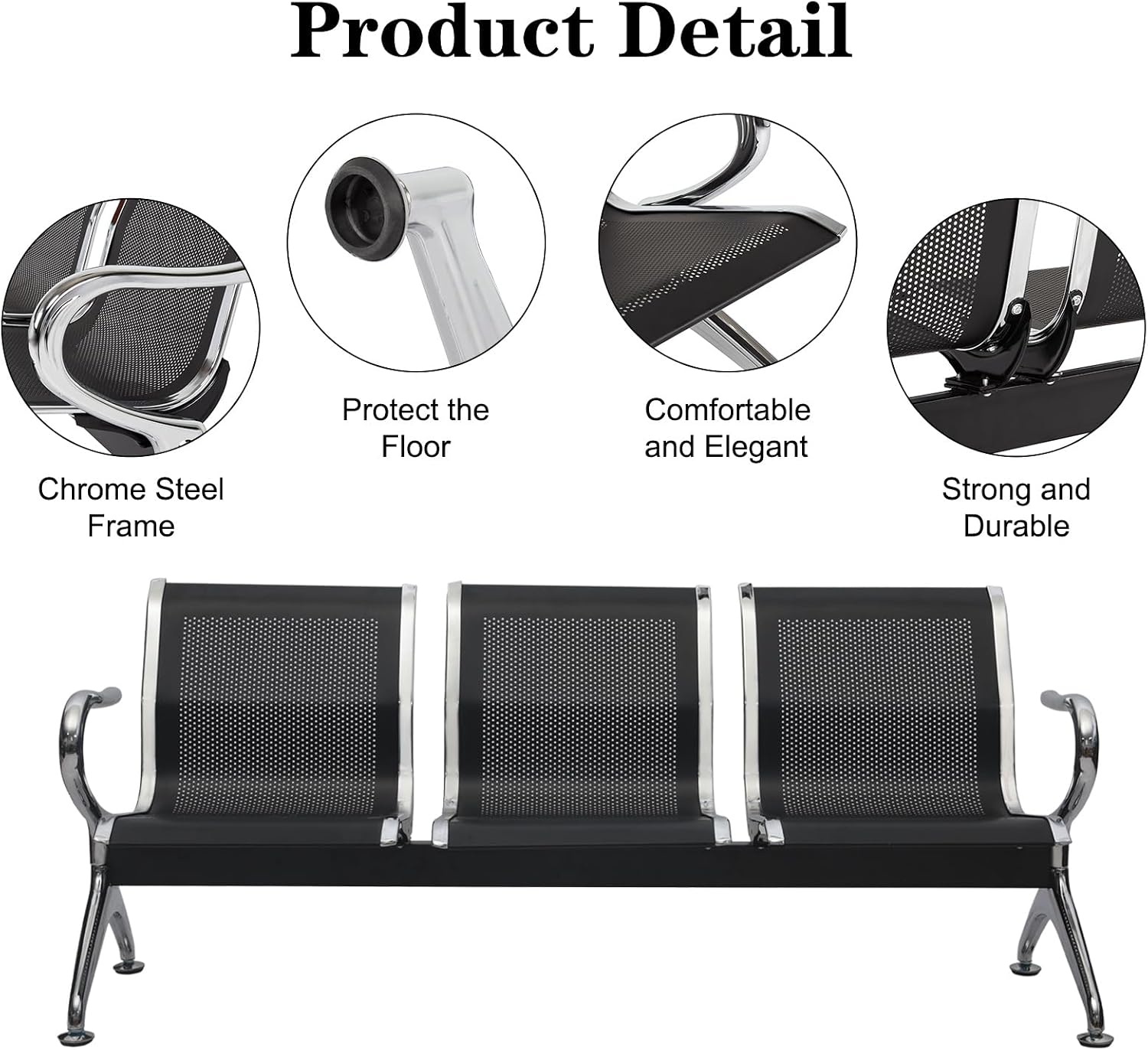 Kinfant Waiting Room Bench Set - Metal Office Guest Reception Seat Black Mesh Waiting Room Chairs with Armrest for Airport, Hospital, Bank, Salon, Barbershop, Hall(3-Seat, Set of 4)