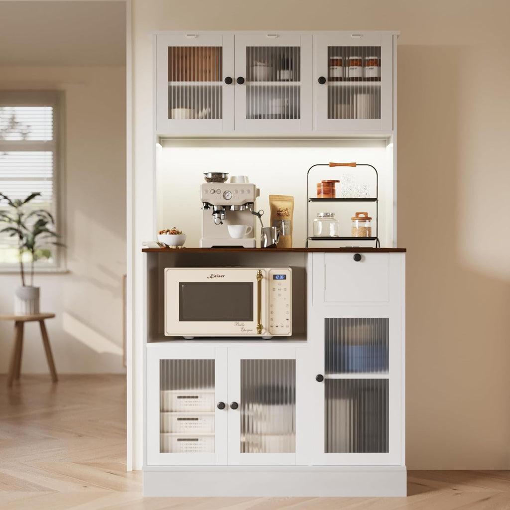70.8" Kitchen Hutch Cabinet with Storage for Living & Dining Room, Kitchen Pantry Cabinet with LED Light & Outlet, White Cabinet with Walnut Tabletop
