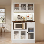 70.8" Kitchen Hutch Cabinet with Storage for Living & Dining Room, Kitchen Pantry Cabinet with LED Light & Outlet, White Cabinet with Walnut Tabletop