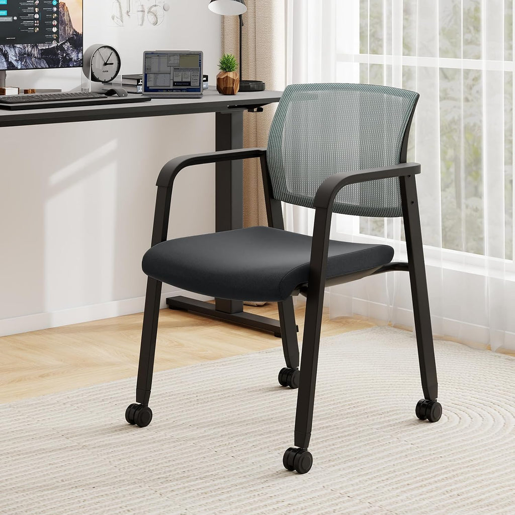 Giantex 10-Pack Waiting Room Chair Set, Rolling Office Desk Chairs with PU Wheels, Armrests, Stackable Guest Chair for Office, School, Lobby,Reception, Conference, Grey