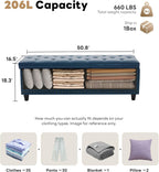 Tbfit 50.8" Large Storage Ottoman Bench with Button-Tufted Top, Blue PU Faux Leather End of Bed Chest with Safety Hinge and Rivets for Bedroom, Living Room (Blue PU)