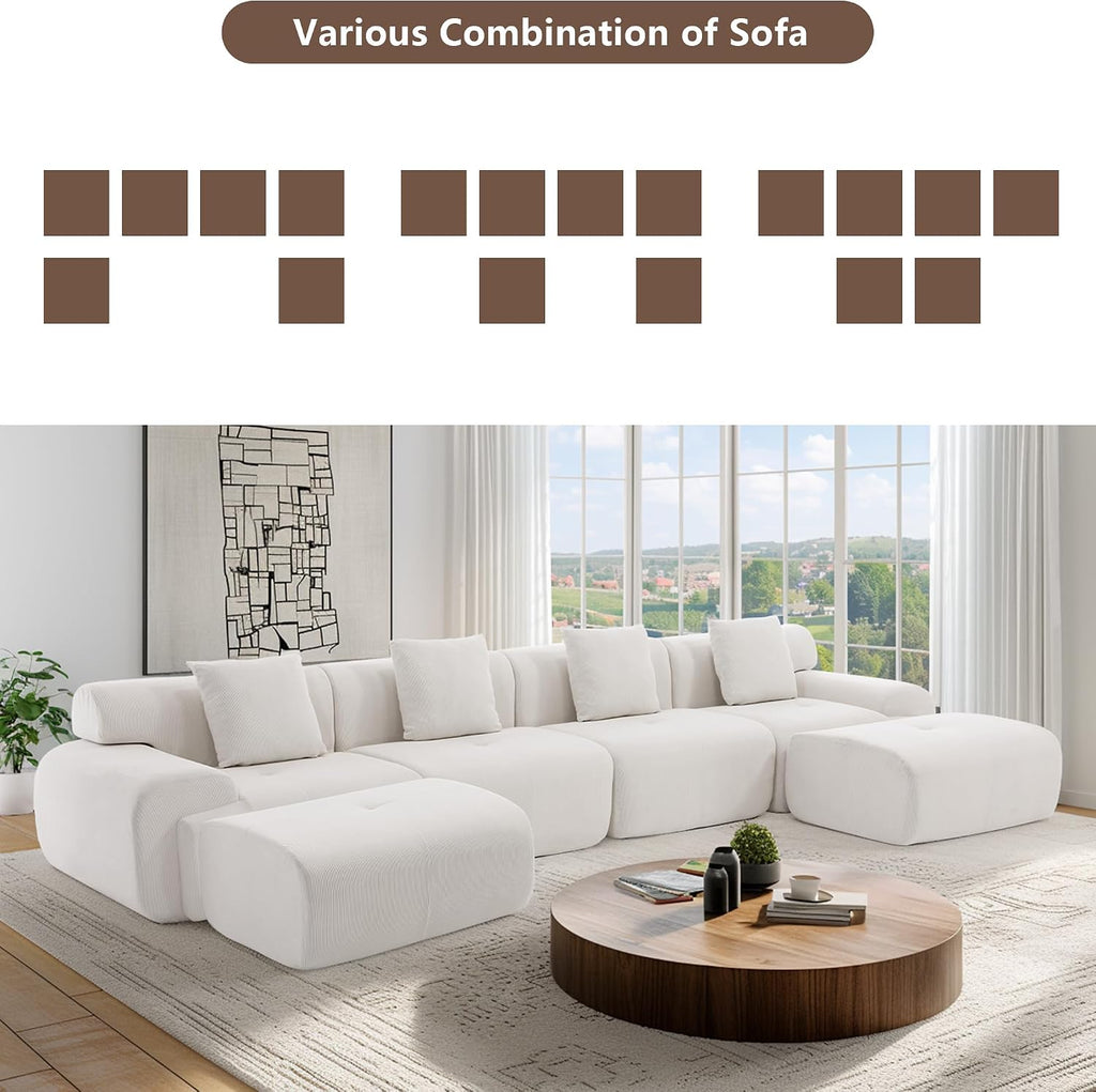 L-Shaped Boneless Modular Sectional Sofa, Boneless Sectional Couch, Oversized 3-Seater Cloud Couch with Deep Seat and Movable Ottoman for Living Room, Apartment (Beige, 3 Seater with 2 Ottoman)
