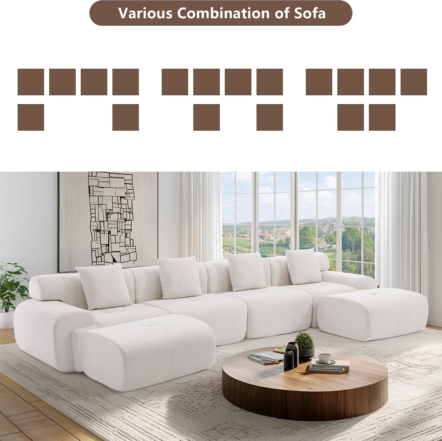 L-Shaped Boneless Modular Sectional Sofa, Boneless Sectional Couch, Oversized 3-Seater Cloud Couch with Deep Seat and Movable Ottoman for Living Room, Apartment (Beige, 3 Seater with 2 Ottoman)