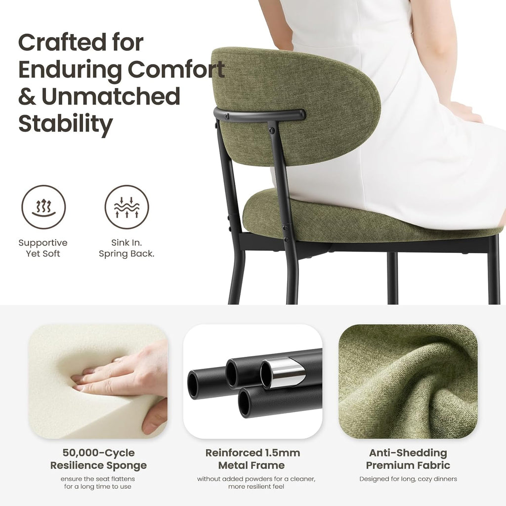 Upholstered Dining Chairs Set of 2, Modern Fabric Kitchen Chairs with Curved Backrest and Cushioned Seat, Sturdy Metal Legs, Modern Dining Chairs for Kitchen Dining Room, Living Room,Green