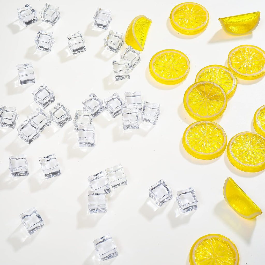 42 Pieces Acrylic Fake Lemon Slices Ice Cubes Artificial Plastic Lemon Slice Set Blocks Simulation Lemon Block Double Side Decorative Fake Fruit Model for Party Wedding Kitchen Decoration Photo Props